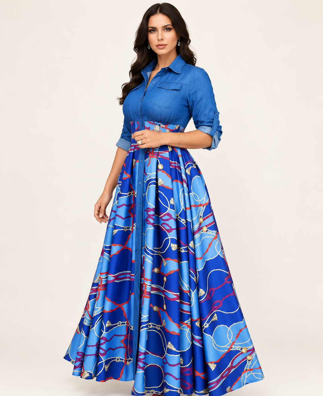 Blue geometric print lapel midi dress on model, full-length three-quarter pose