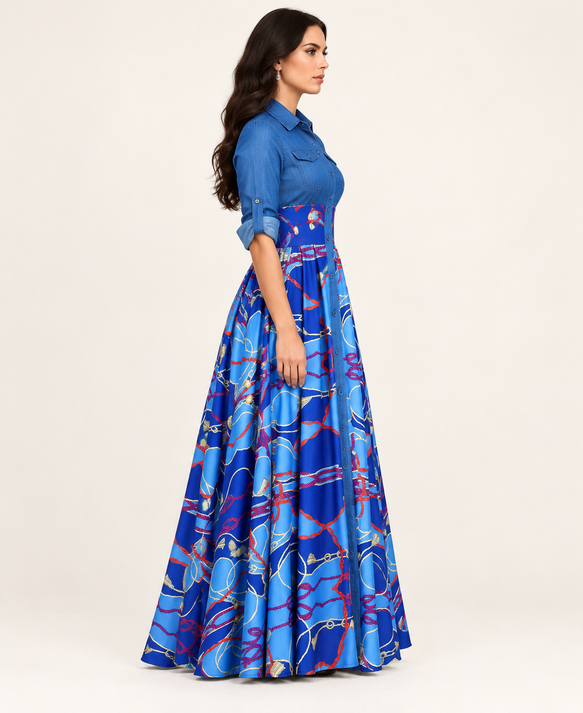 Blue geometric print lapel midi dress on model, side view