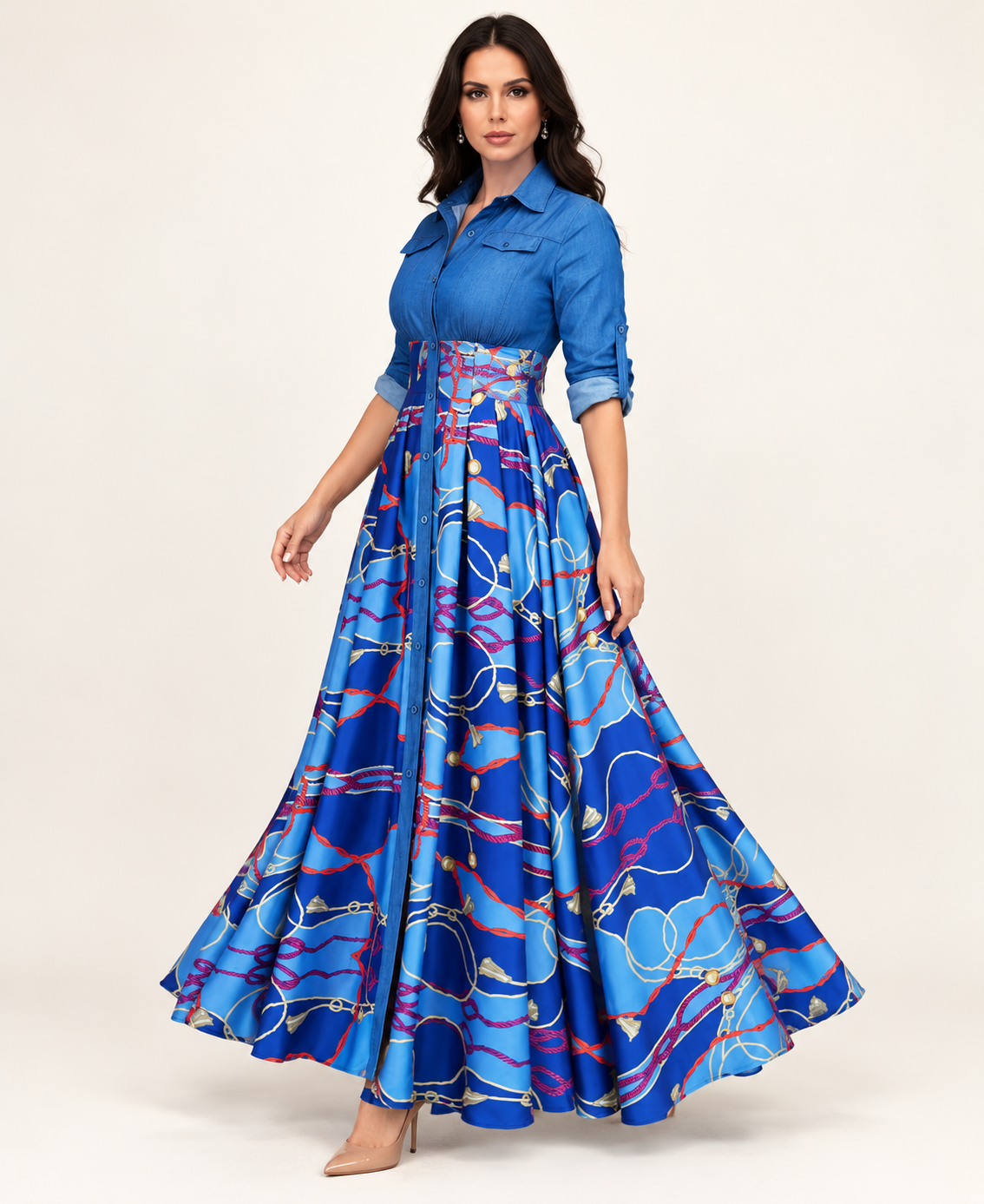 Blue geometric print lapel midi dress on model, full-length angled view