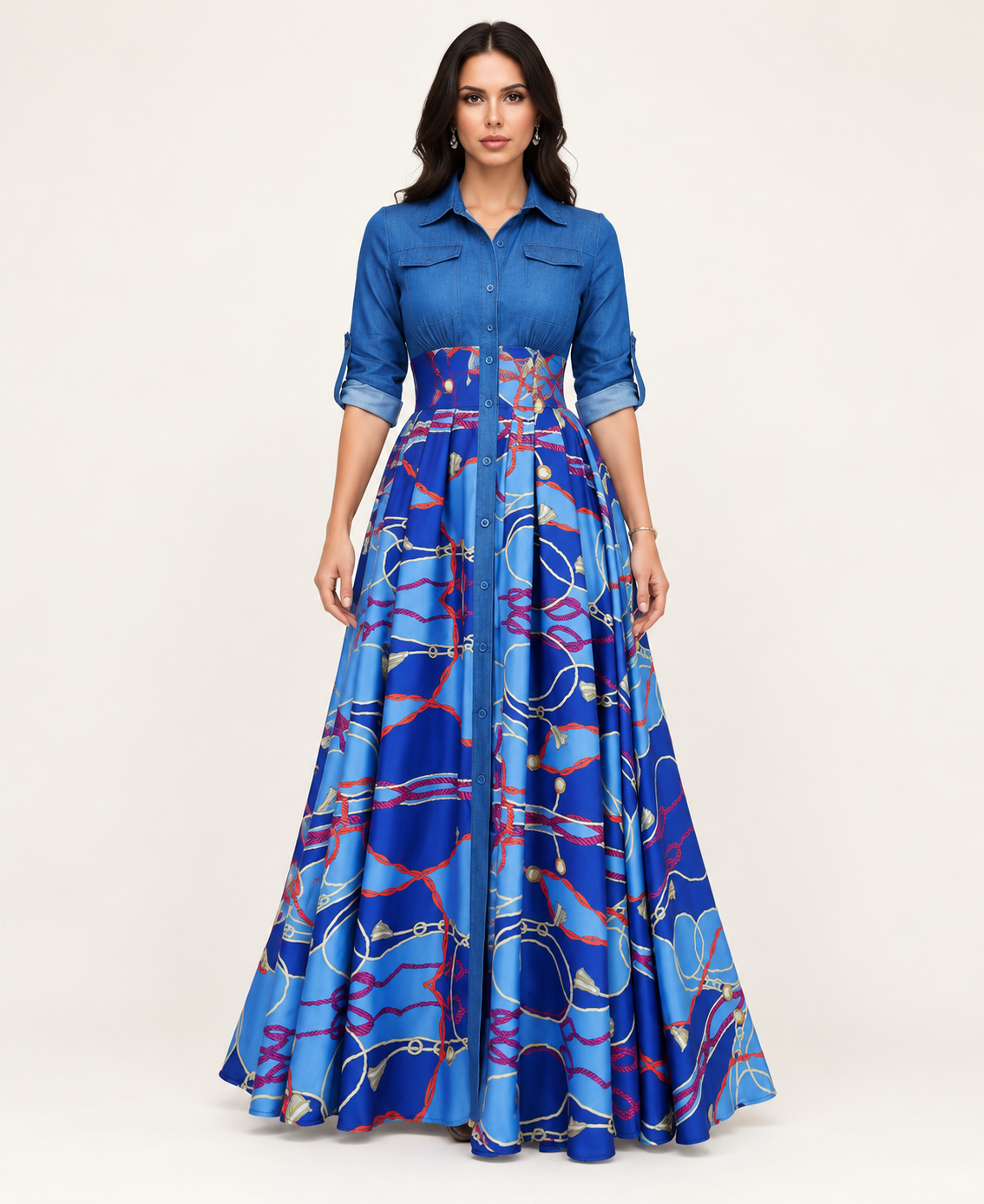Blue geometric print lapel midi dress on model, front view