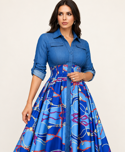 Blue geometric print lapel midi dress, bodice and pattern detail