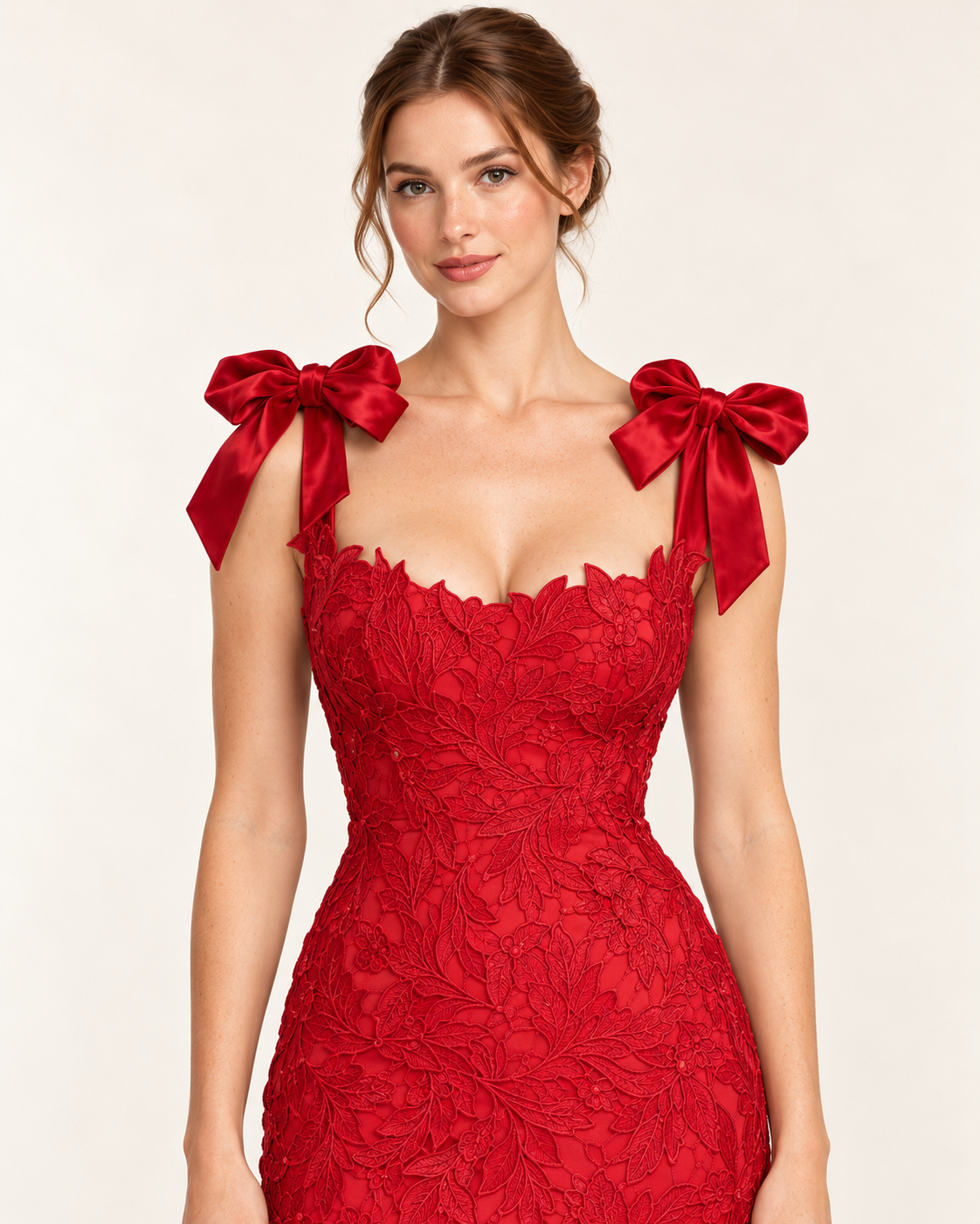 Women's Sleeveless Bow-Tie Dress — Red — Lace and bow detail