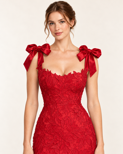 Women's Sleeveless Bow-Tie Dress — Red — Lace and bow detail