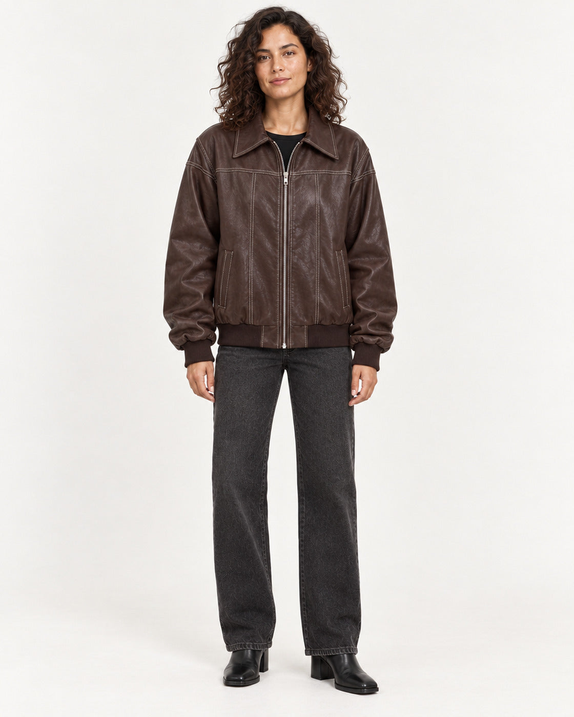 Brown Women's Textured Moto Jacket — full-length front view