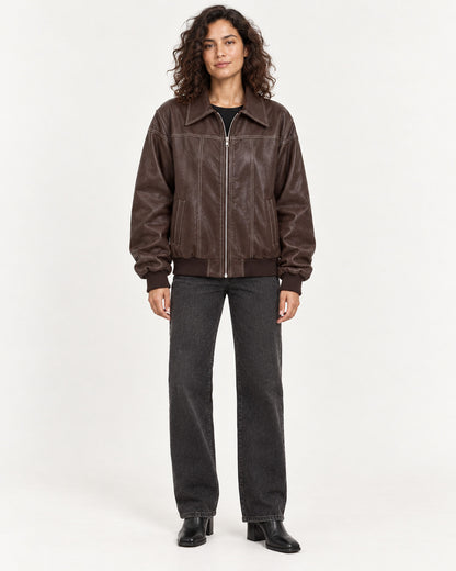 Brown Women's Textured Moto Jacket — full-length front view