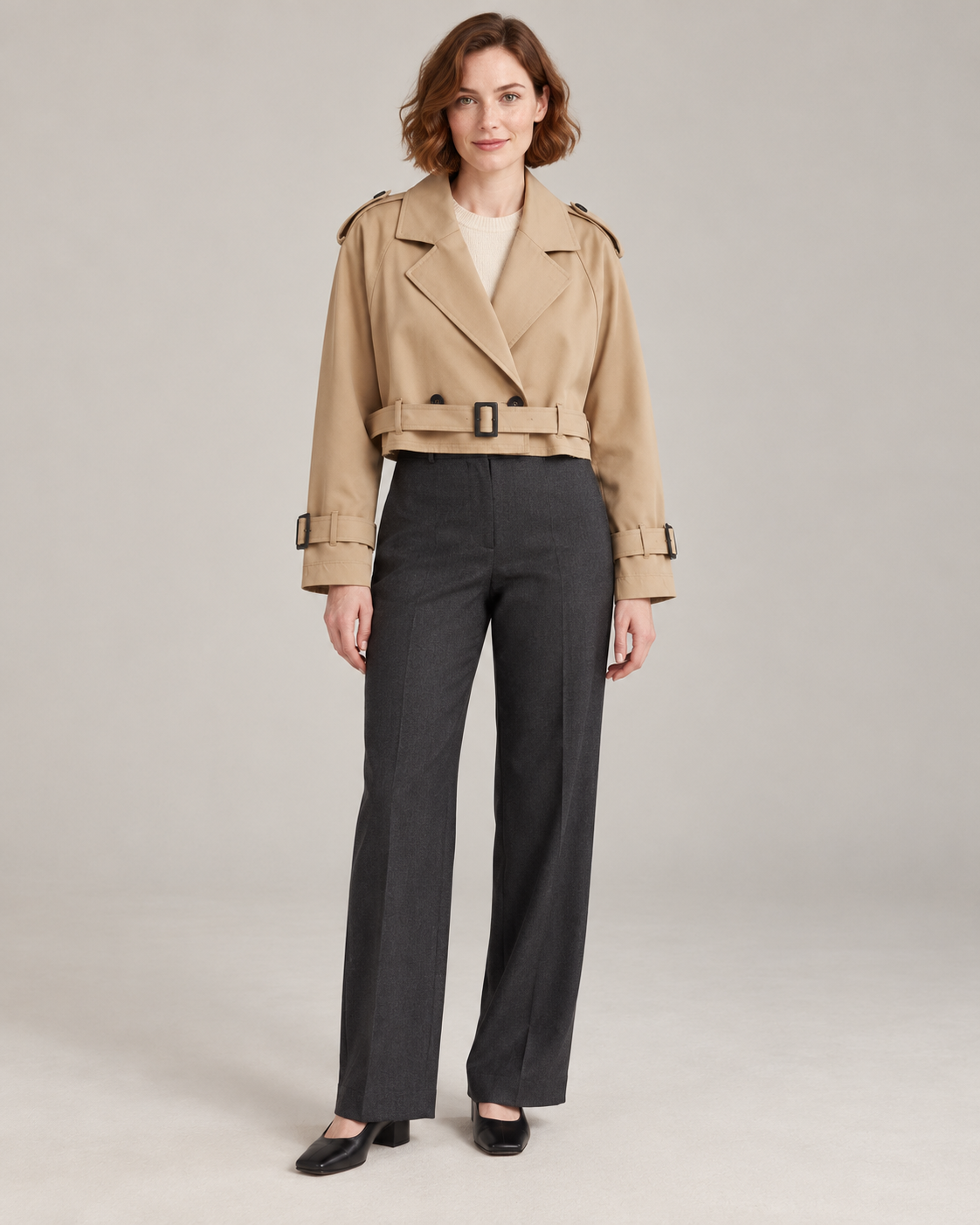 Brown trench-style jacket, full-length front view