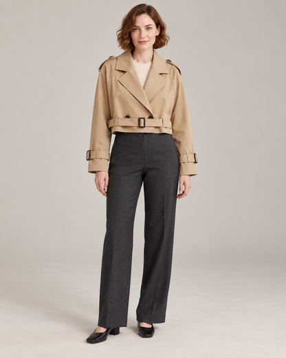 Brown trench-style jacket, full-length front view
