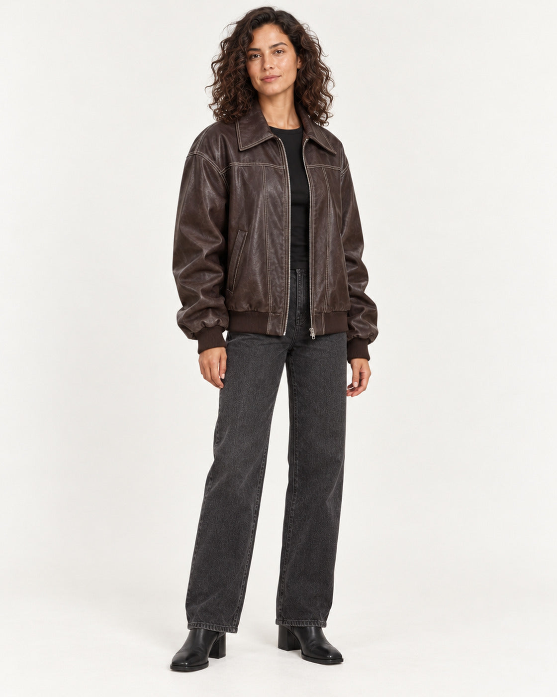 Brown Women's Textured Moto Jacket — full-length three-quarter view