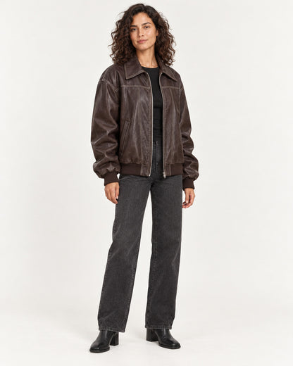 Brown Women's Textured Moto Jacket — full-length three-quarter view