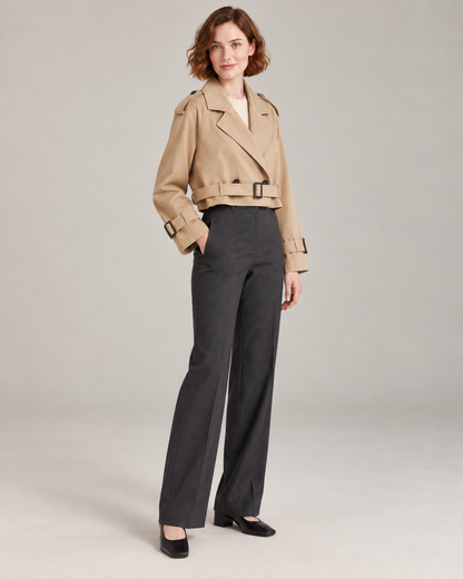 Brown trench-style jacket, full-length three-quarter view