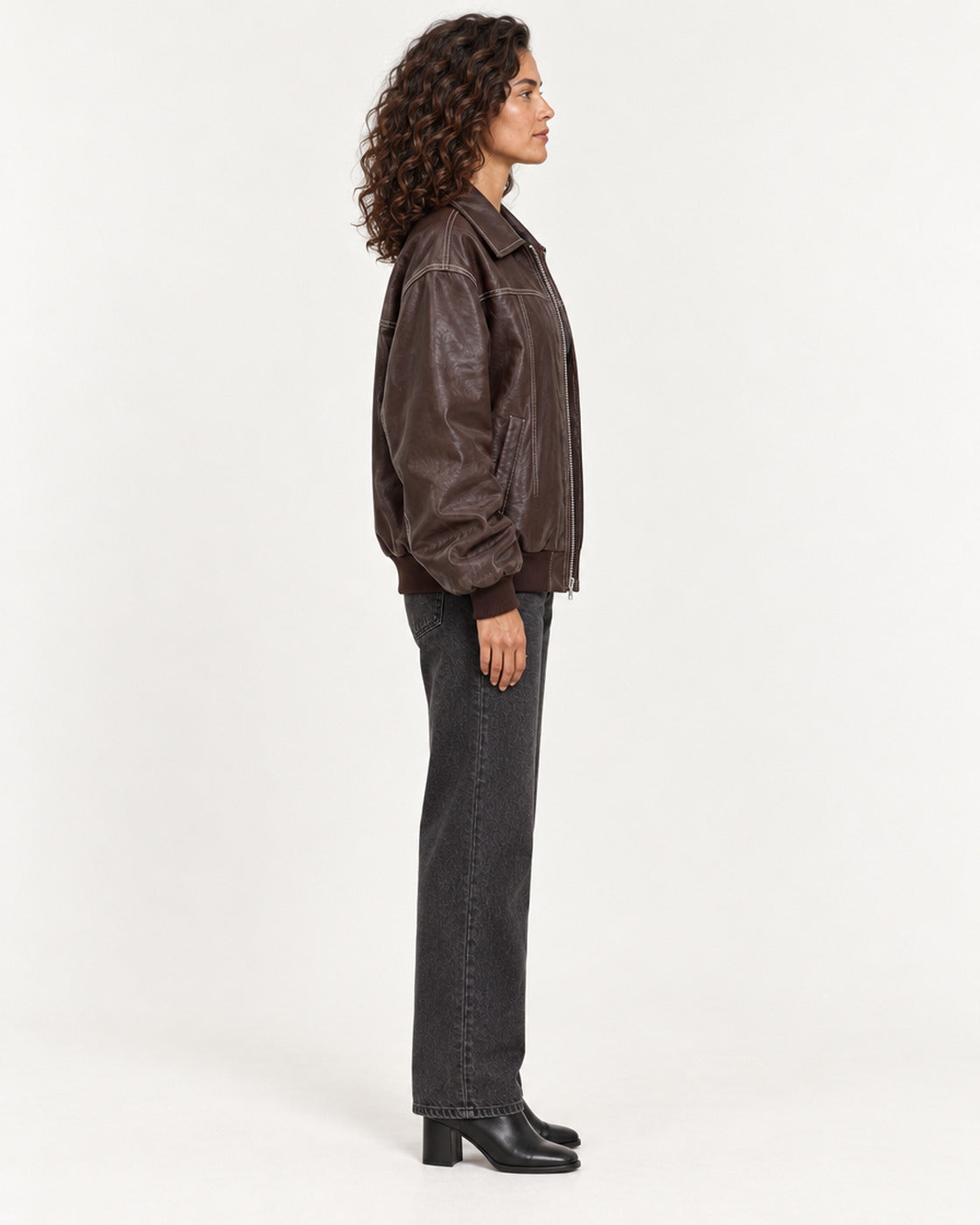 Brown Women's Textured Moto Jacket — full-length side view