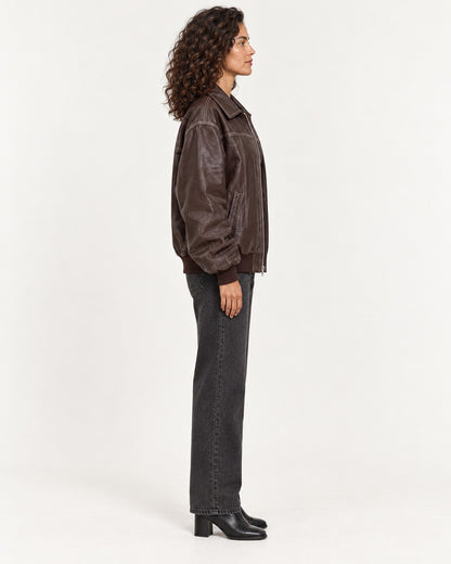 Brown Women's Textured Moto Jacket — full-length side view