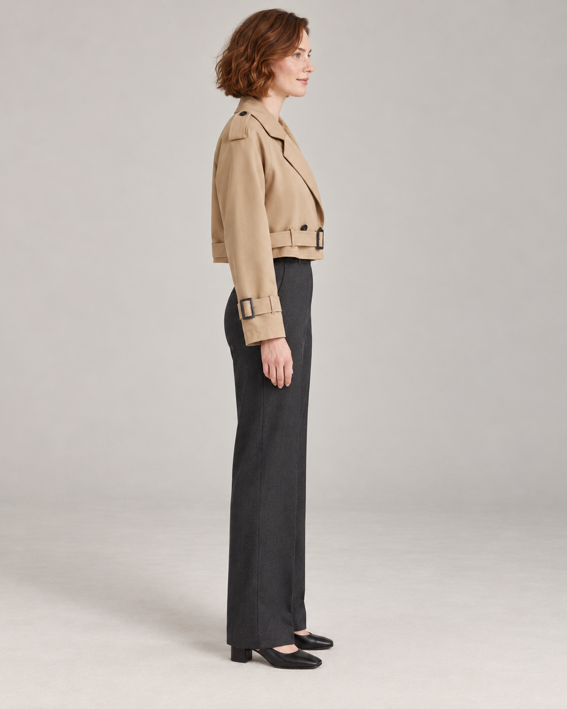 Brown trench-style jacket, full-length side view