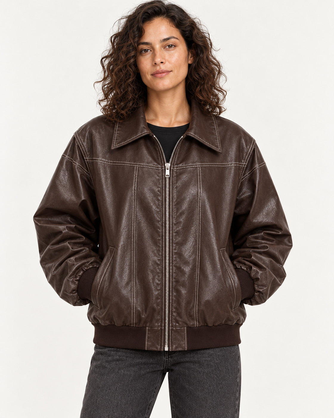 Brown Women's Textured Moto Jacket — garment detail close-up