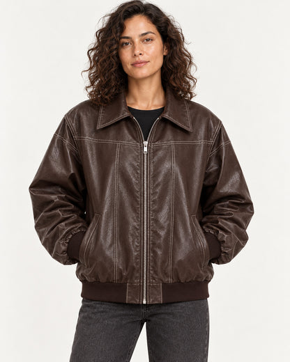 Brown Women's Textured Moto Jacket — garment detail close-up