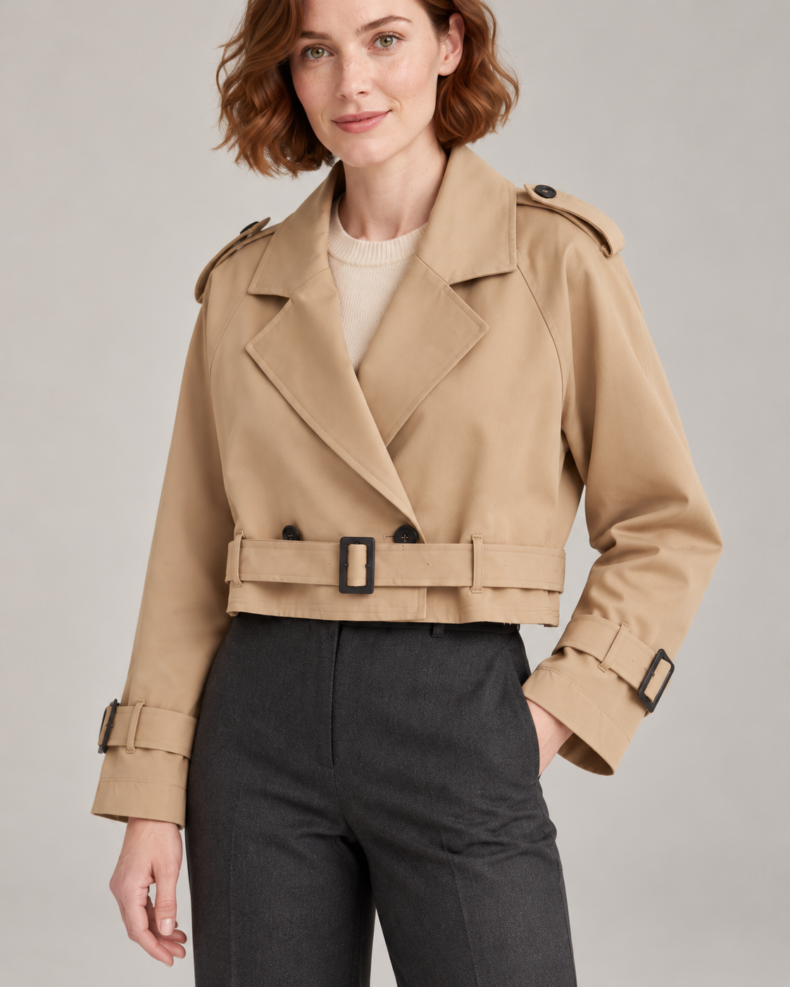 Brown trench-style jacket, garment details close-up