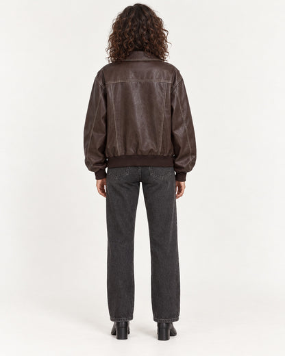 Brown Women's Textured Moto Jacket — full-length back view