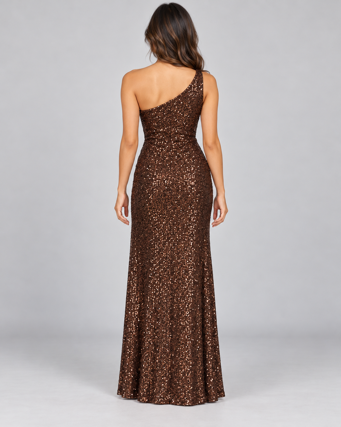Women's Sleeveless Sequin Dress — Brown — Full-length view from directly behind