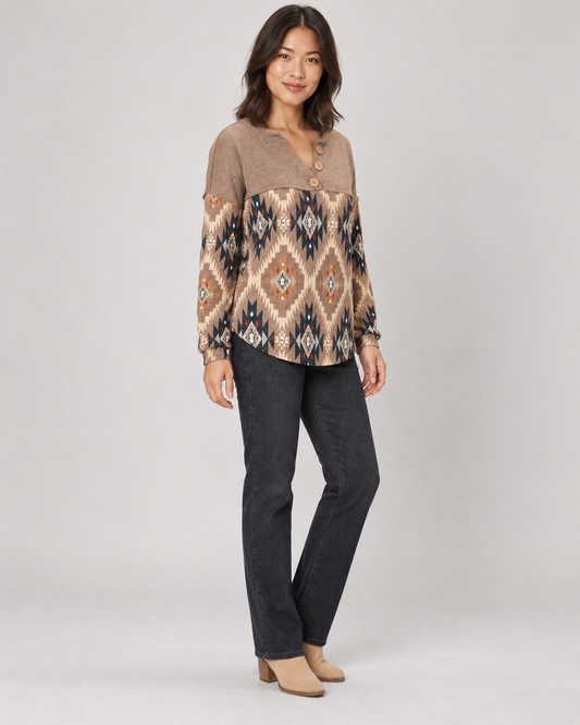 Brown geometric pullover top, full-length three-quarter view