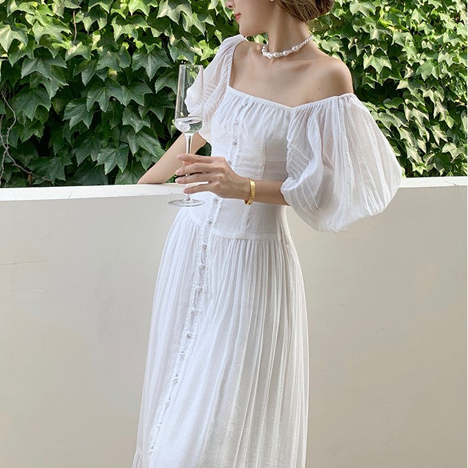French Vintage Cotton High Waist Square Neck Dress