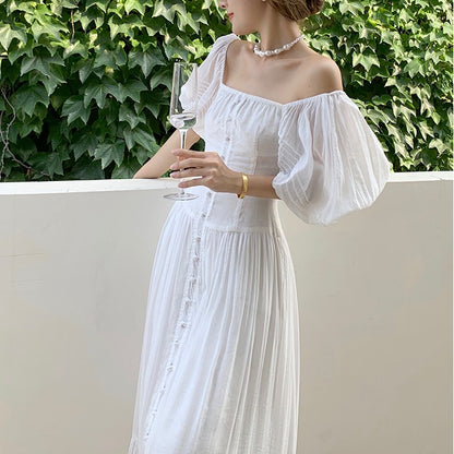French Vintage Cotton High Waist Square Neck Dress