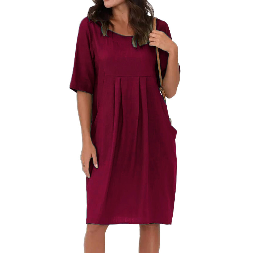 Cotton Linen Casual Midi Dress With Pockets