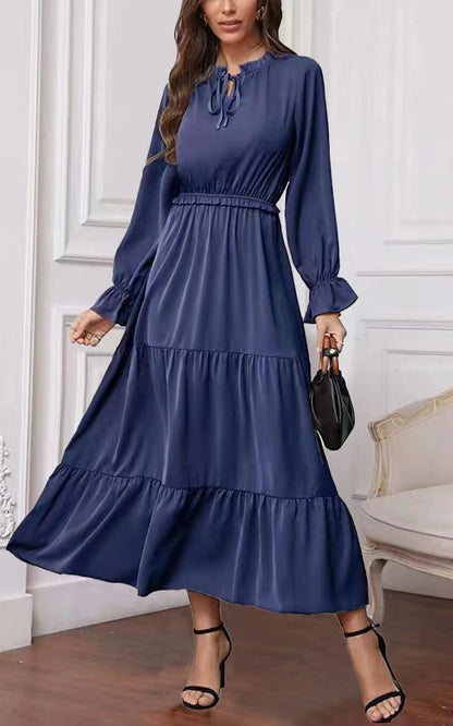 Long Sleeve Solid Color Swing Dress For Women