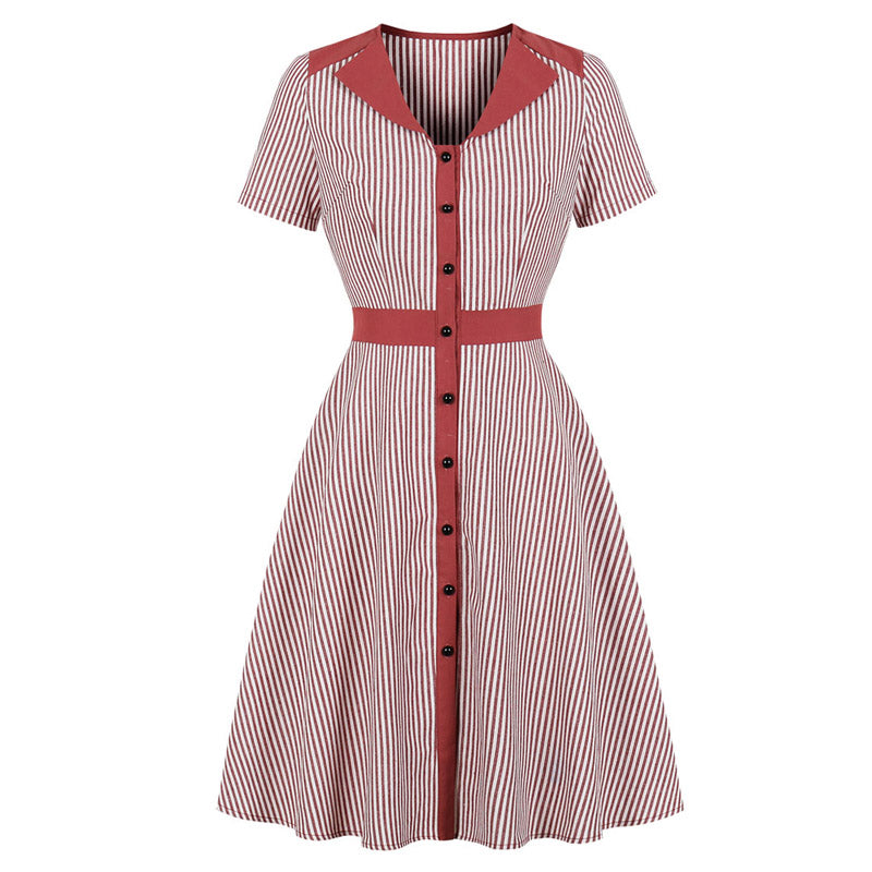 Striped A-Line Summer Dress For Women – V-Neck, Knee-Length