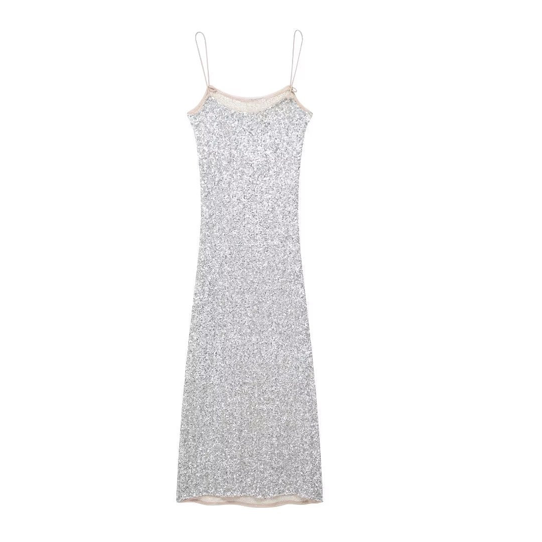Beaded Sequin Bodycon Dress – Sleeveless Silver Midi product image