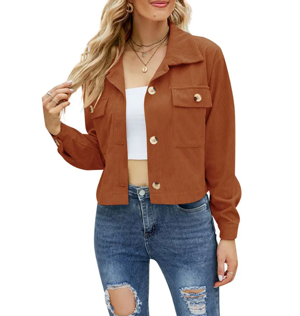 Women’s Corduroy Cropped Jacket – Casual Loose Fit