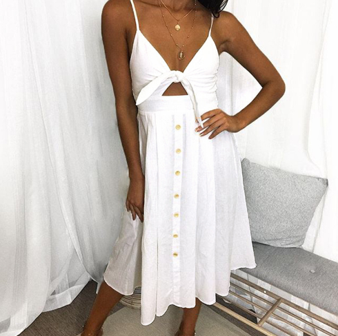 Women’s Cotton Linen Backless Summer Dress With Bow