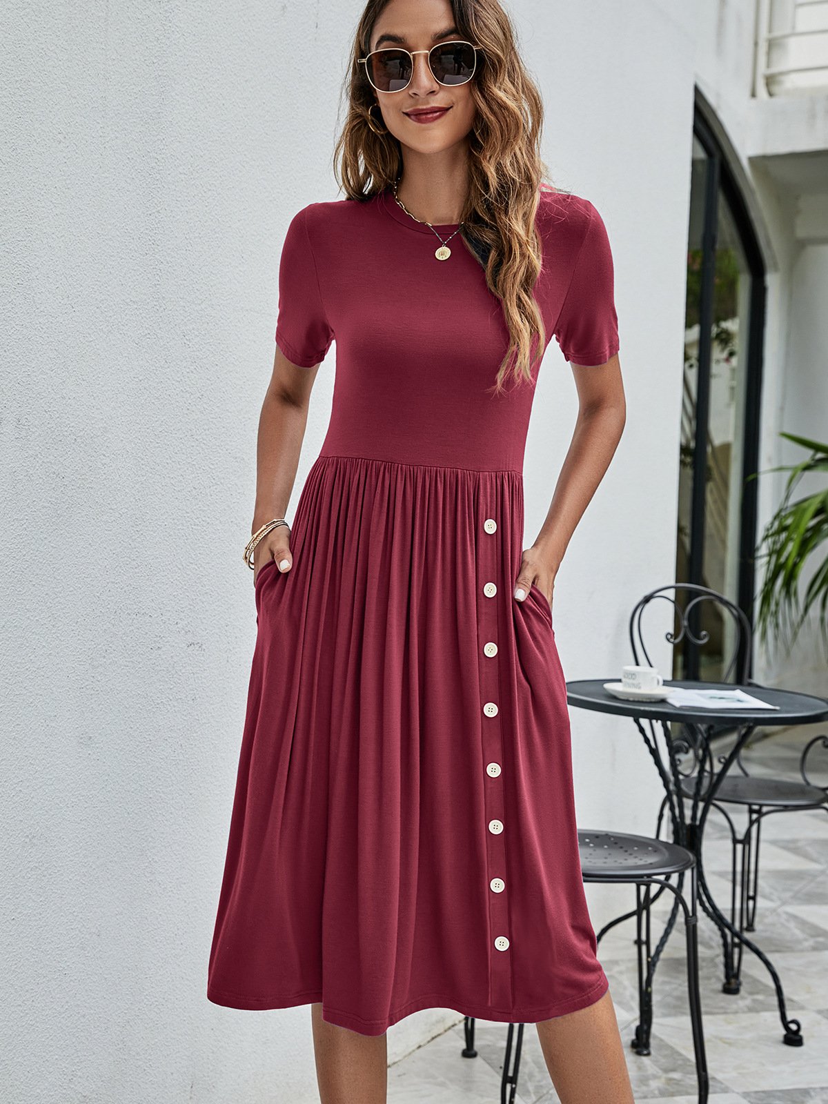Women’s Knitted Pocket Dress – Solid Color Casual Style