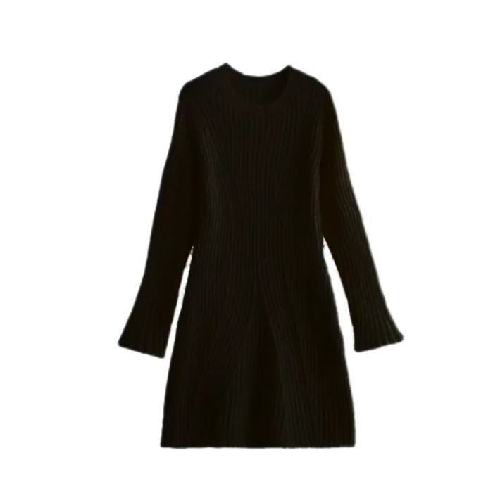 Ribbed Knit A-Line Sweater Dress With Stand Collar