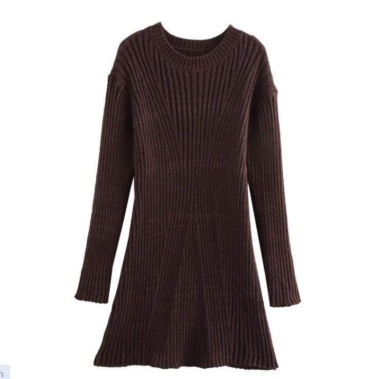 Ribbed Knit A-Line Sweater Dress With Stand Collar