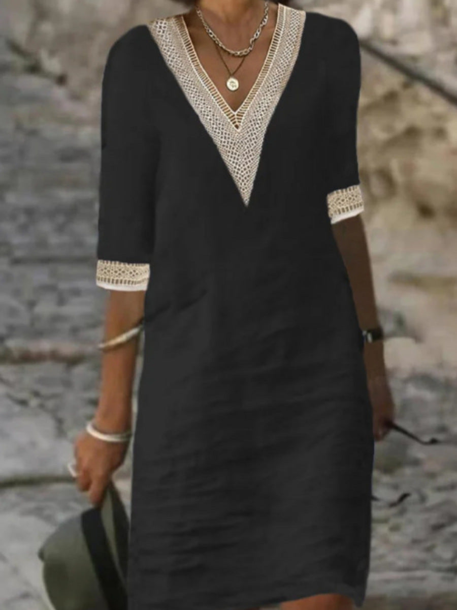 Women’s Cotton V-Neck Midi Dress for Autumn Winter