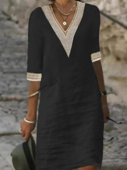 Women’s Cotton V-Neck Midi Dress for Autumn Winter