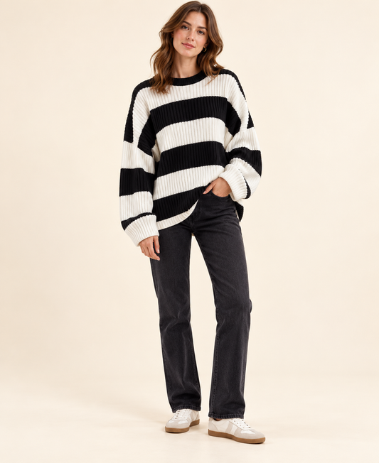 Black and ivory striped knit pullover sweater, front view