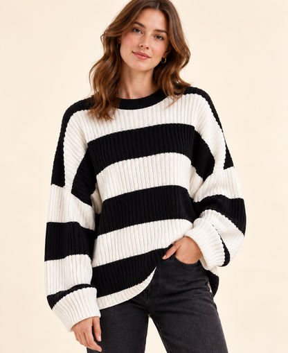 Black and ivory striped knit pullover sweater, knit detail