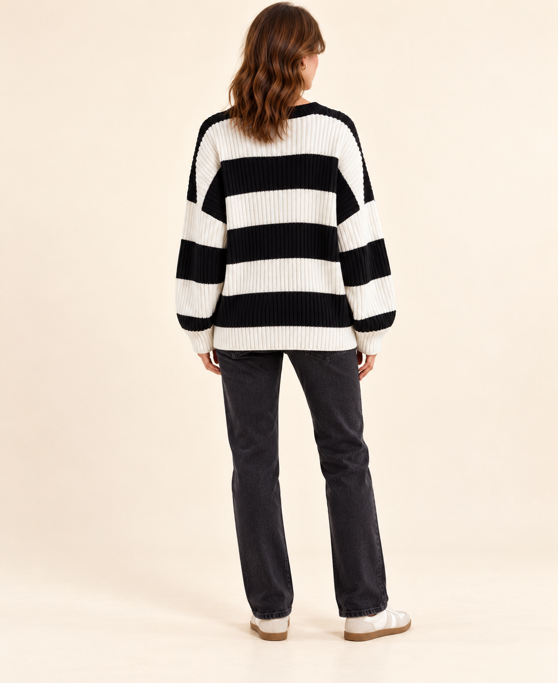 Black and ivory striped knit pullover sweater, back view
