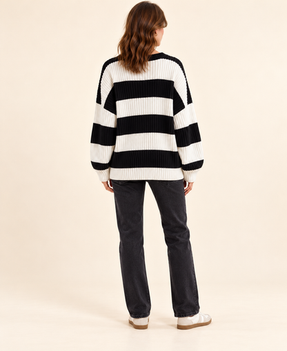 Black and ivory striped knit pullover sweater, back view