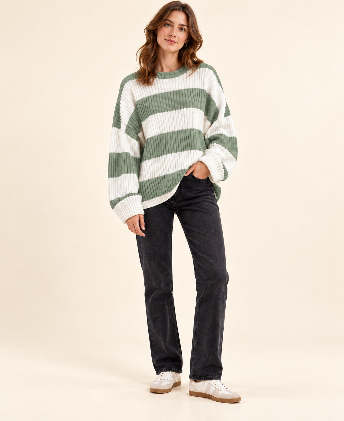 Green and ivory striped knit pullover sweater, front view