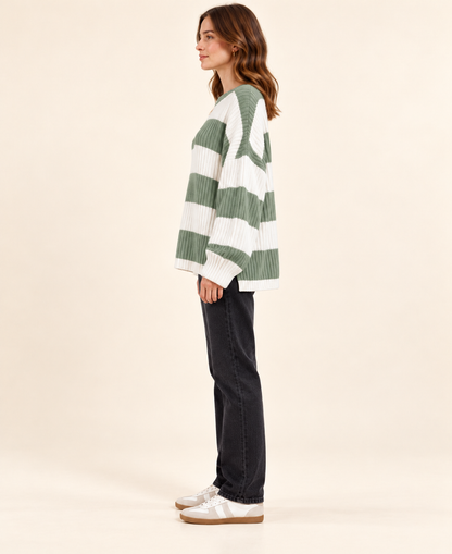 Green and ivory striped knit pullover sweater, side profile view