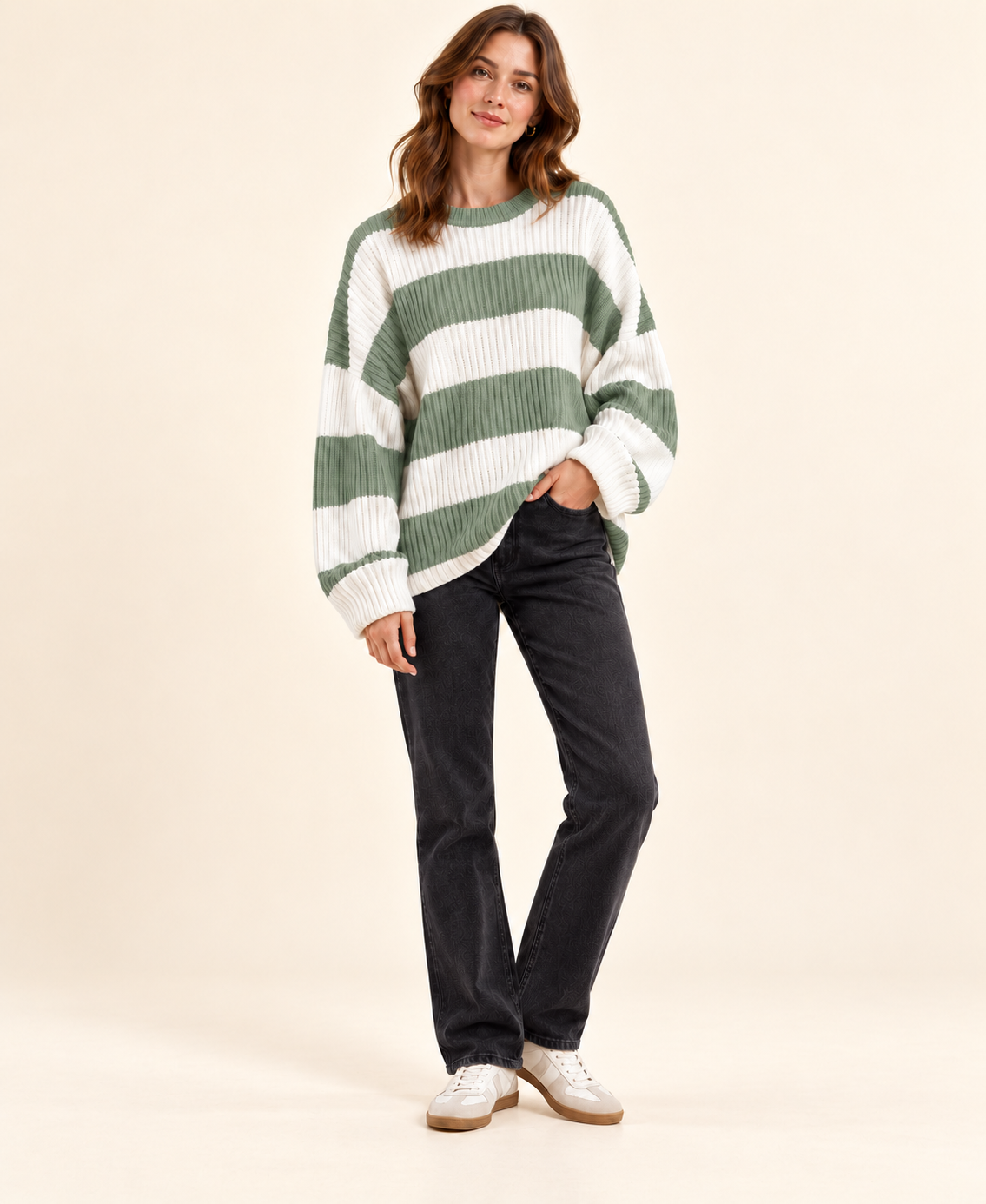 Green and ivory striped knit pullover sweater, three-quarter view