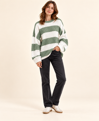 Green and ivory striped knit pullover sweater, three-quarter view