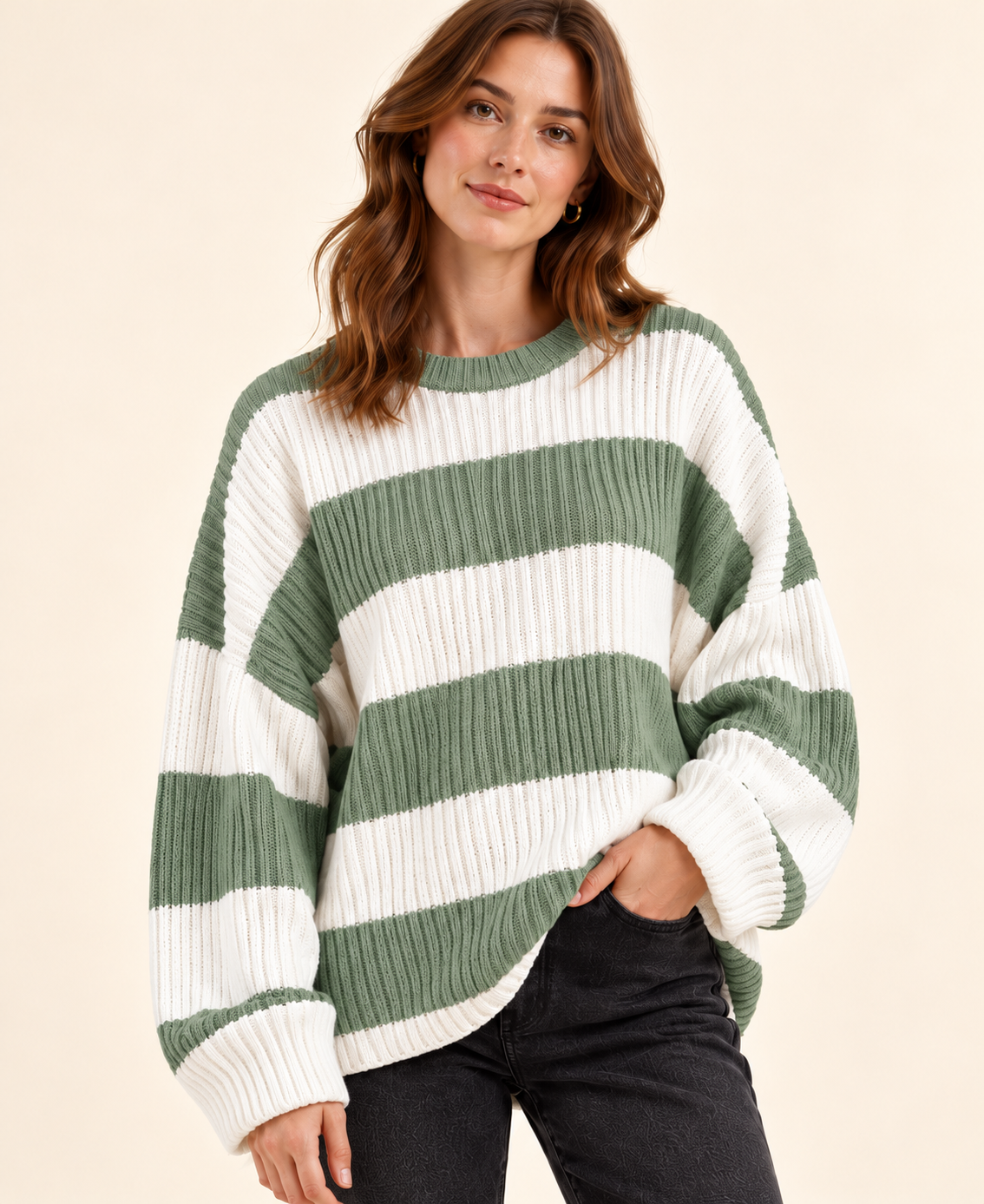 Green and ivory striped knit pullover sweater, knit detail