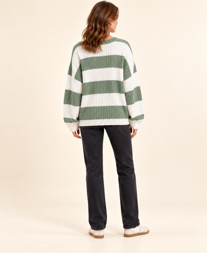 Green and ivory striped knit pullover sweater, back view