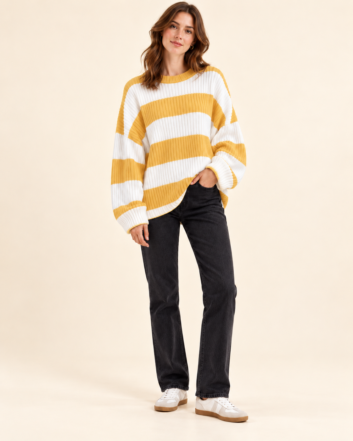 Grey and ivory striped knit pullover sweater, front view