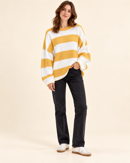 Grey and ivory striped knit pullover sweater, front view