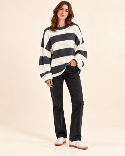 Grey and ivory striped knit pullover sweater, three-quarter view