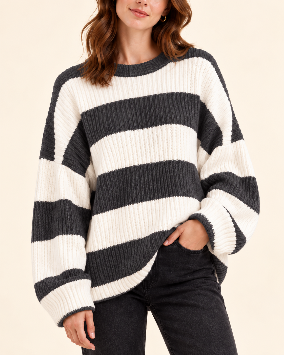 Grey and ivory striped knit pullover sweater, knit detail